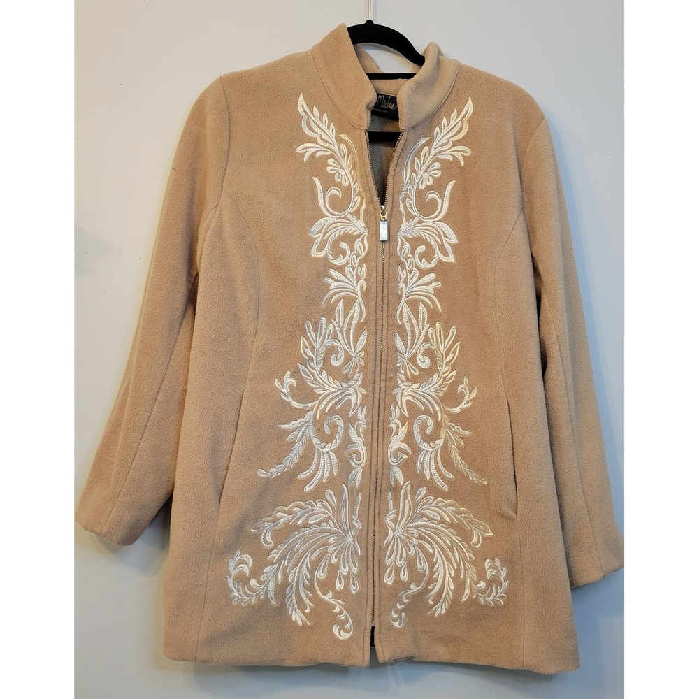 Bob Mackie Wearable Art Vintage Fleece Jacket Embroidered Tan A282195 Medium